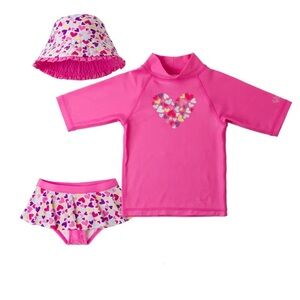 UV Skinz rashguard swimsuit bikini bottoms set toddler girl hearts hat ruffle